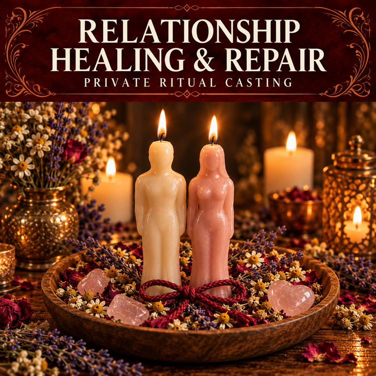 Relationship Healing and Repair collection artwork with ivory and pink figure candles, herbs, rose quartz and burgundy ribbon.