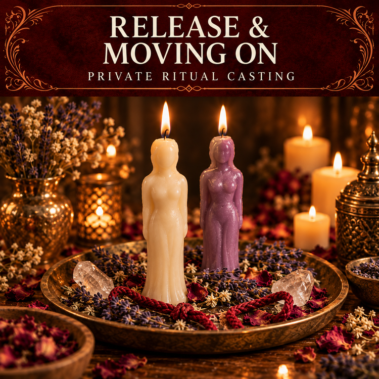 Release and Moving On collection artwork with ivory and violet figure candles, separated cord ends, lavender and crystals.