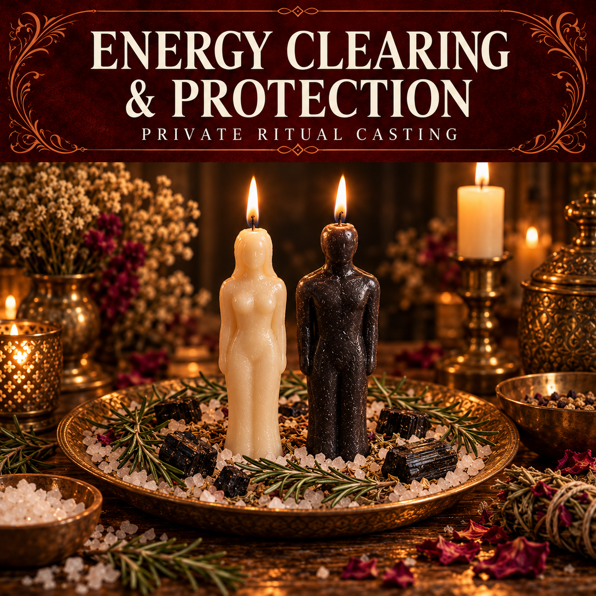 Energy Clearing and Protection collection artwork with ivory and black figure candles, rosemary, salt and dark crystals.