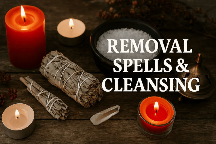 Black Friday Removal Spells and Cleansing Collection – red candles, sage, and ritual tools for clearing curses, negative energy, and love spell removals from We Love Spells.