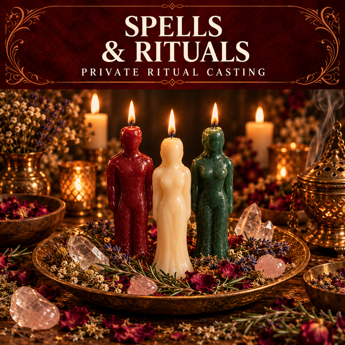 Spells and Rituals collection artwork with red, ivory and green figure candles, herbs, crystals and rose petals.