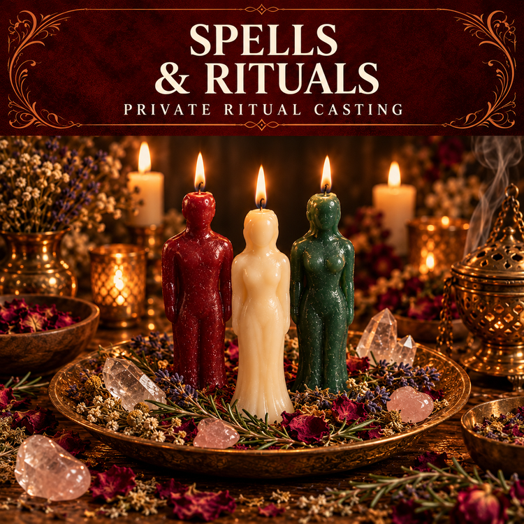 Spells and Rituals collection artwork with red, ivory and green figure candles, herbs, crystals and rose petals.