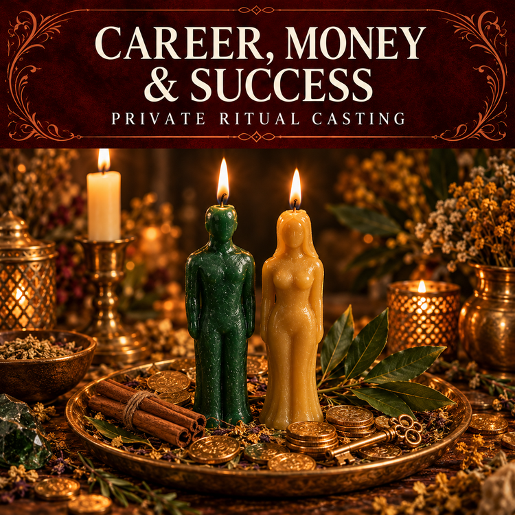 Career, Money and Success collection artwork with green and gold figure candles, coins, cinnamon and an antique key.