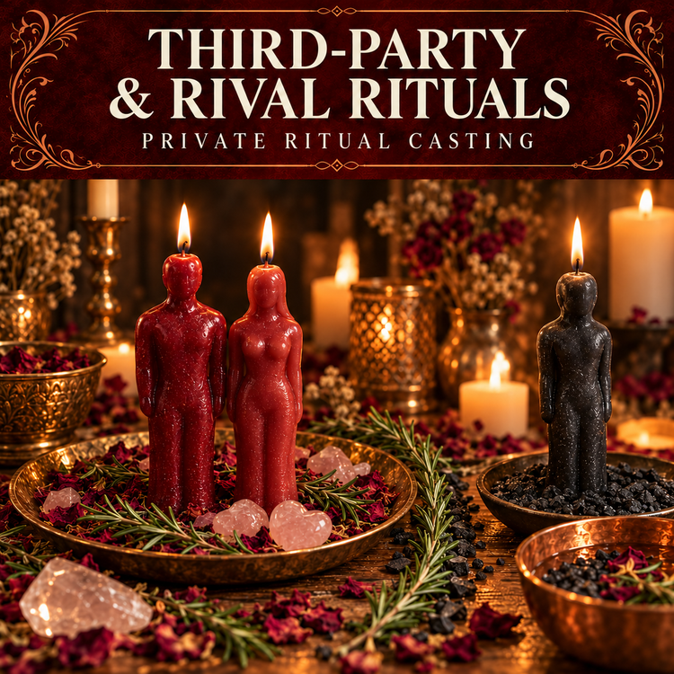 Third-Party and Rival Rituals collection artwork with two red figure candles together and a separate black candle, herbs and rose quartz.