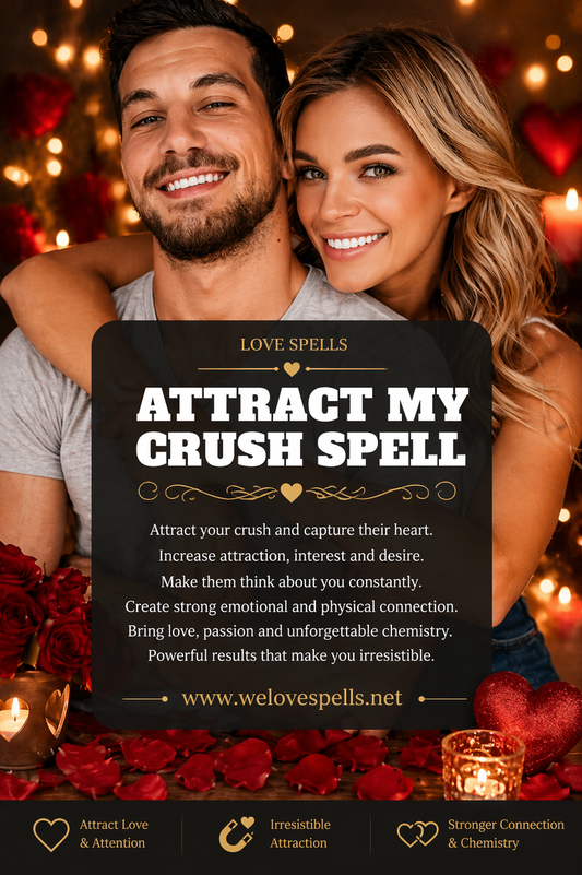 Smiling couple embracing in a warm candlelit romantic setting with roses and soft glowing lights, representing an attract my crush spell to increase attraction, desire and emotional connection by Belinda