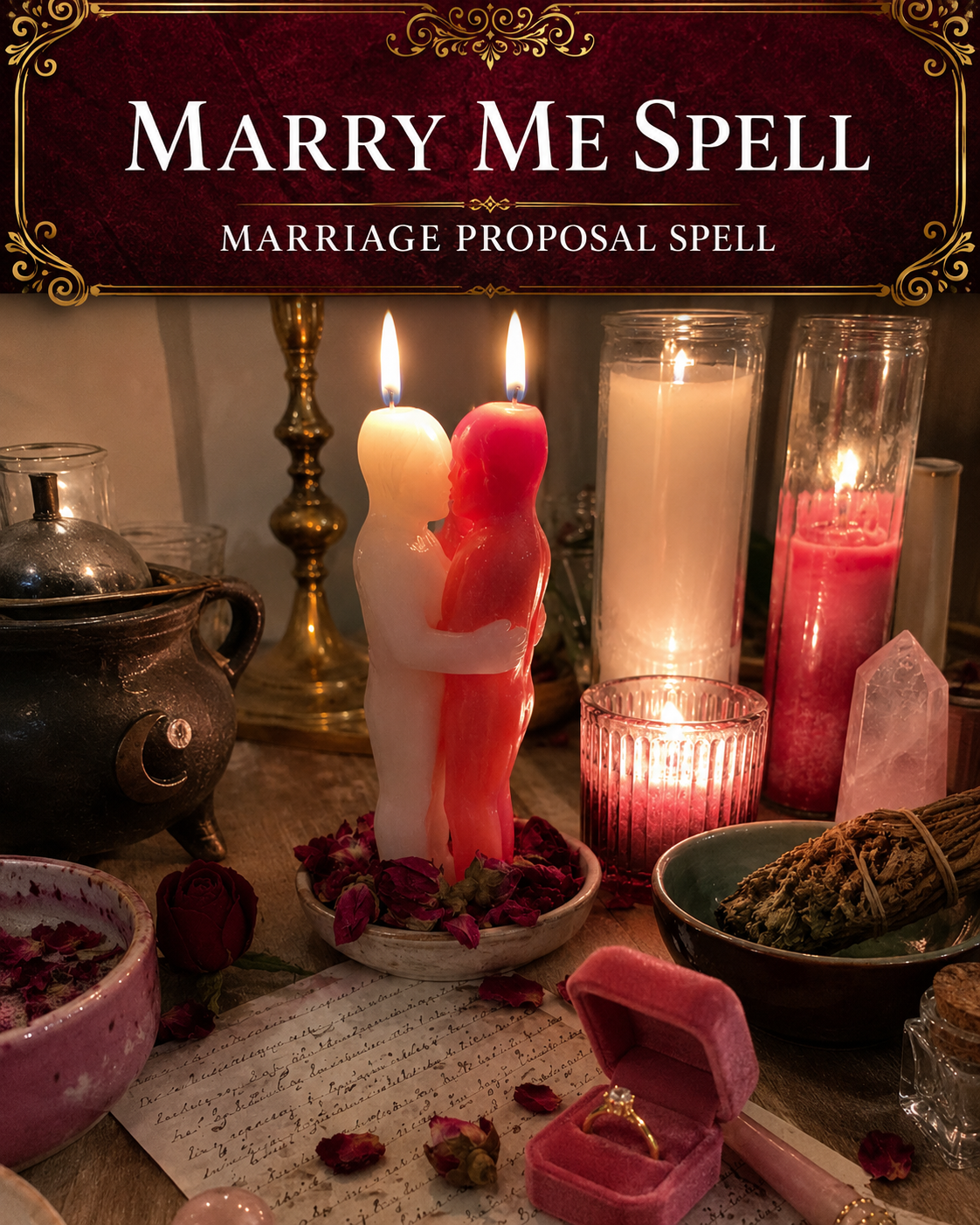 Marry Me Spell main image with embracing couple candles, proposal ring, rose petals, crystals, handwritten petition, and romantic candlelit altar.