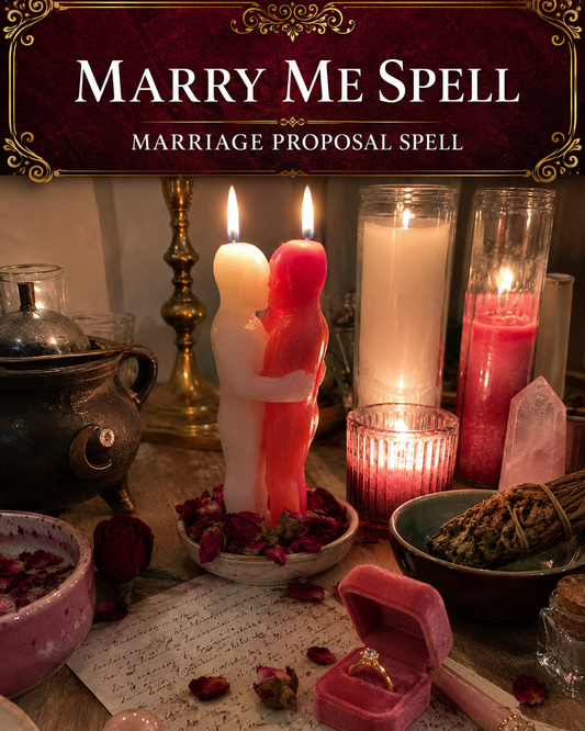 Marry Me Spell main image with embracing couple candles, proposal ring, rose petals, crystals, handwritten petition, and romantic candlelit altar.