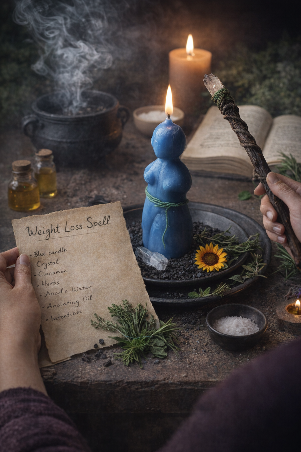 Weight loss candle spell casting ritual featuring a blue figure candle, herbs, crystals, and a handwritten intention list for fat loss.