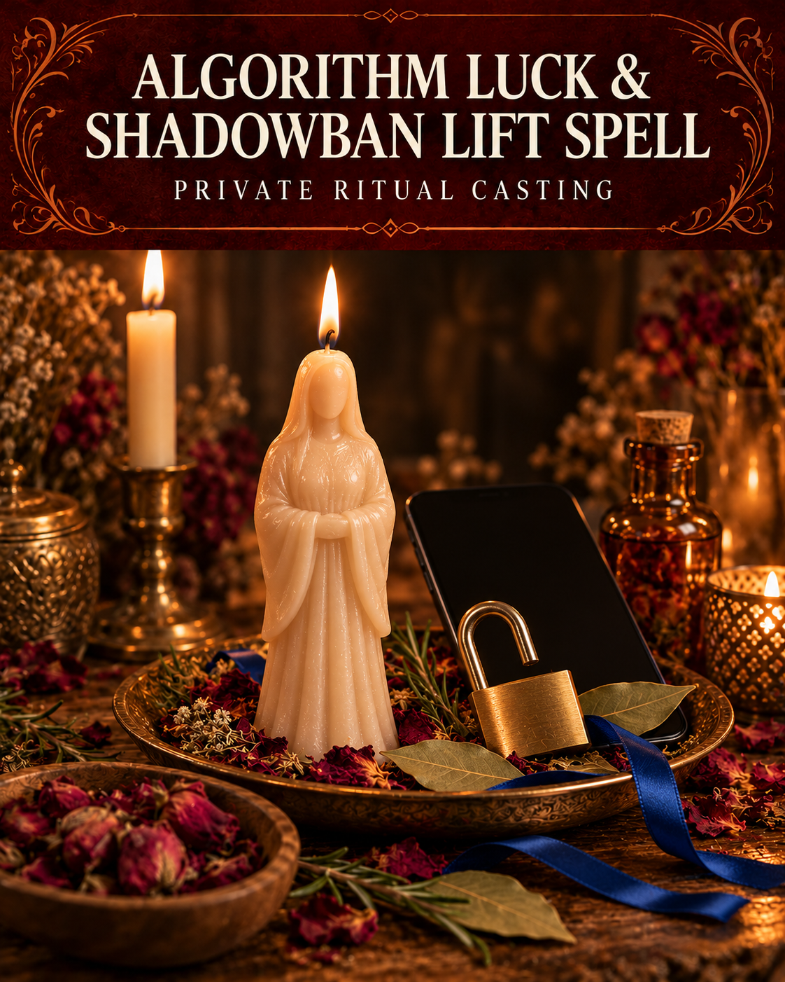 Algorithm Luck & Shadowban Lift Spell private ritual casting artwork with stylized figure candles on a warm wooden altar and a burgundy title banner.