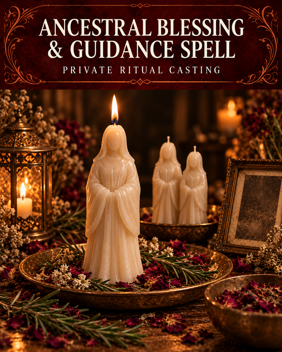 Ancestral Blessing & Guidance Spell private ritual casting artwork with stylized figure candles on a warm wooden altar and a burgundy title banner.