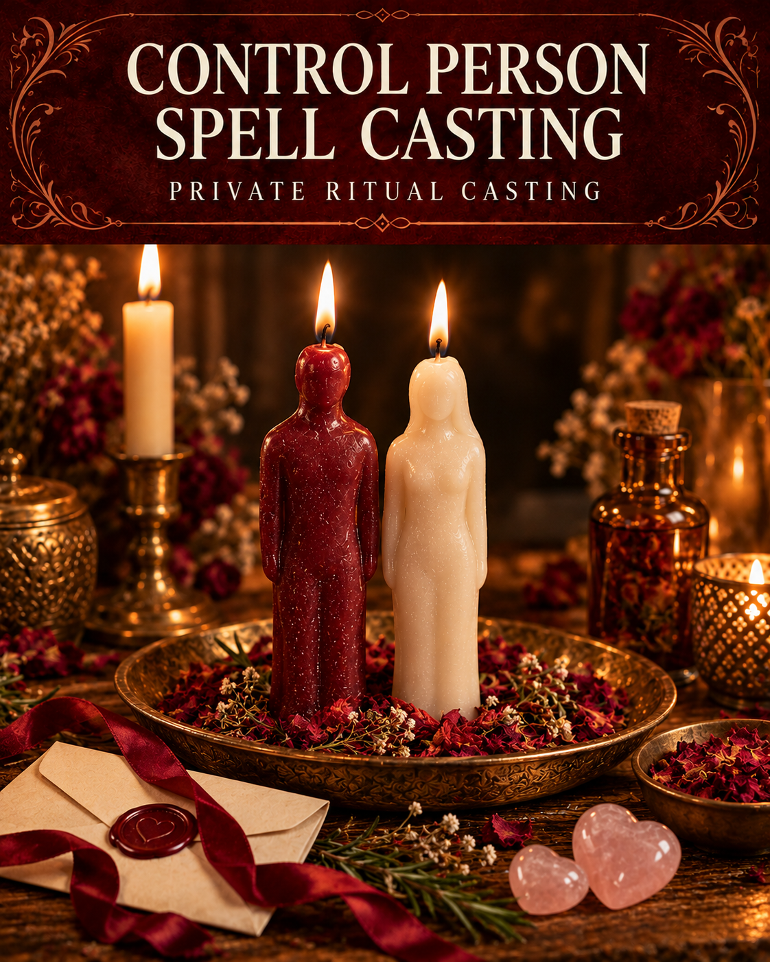 Control Person Spell Casting private ritual casting artwork with symbolic wax figure candles on a warmly lit altar.