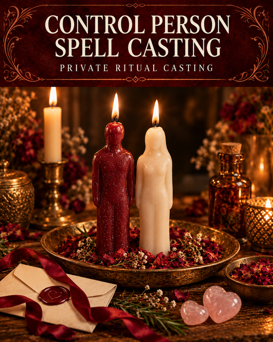Control Person Spell Casting private ritual casting artwork with symbolic wax figure candles on a warmly lit altar.