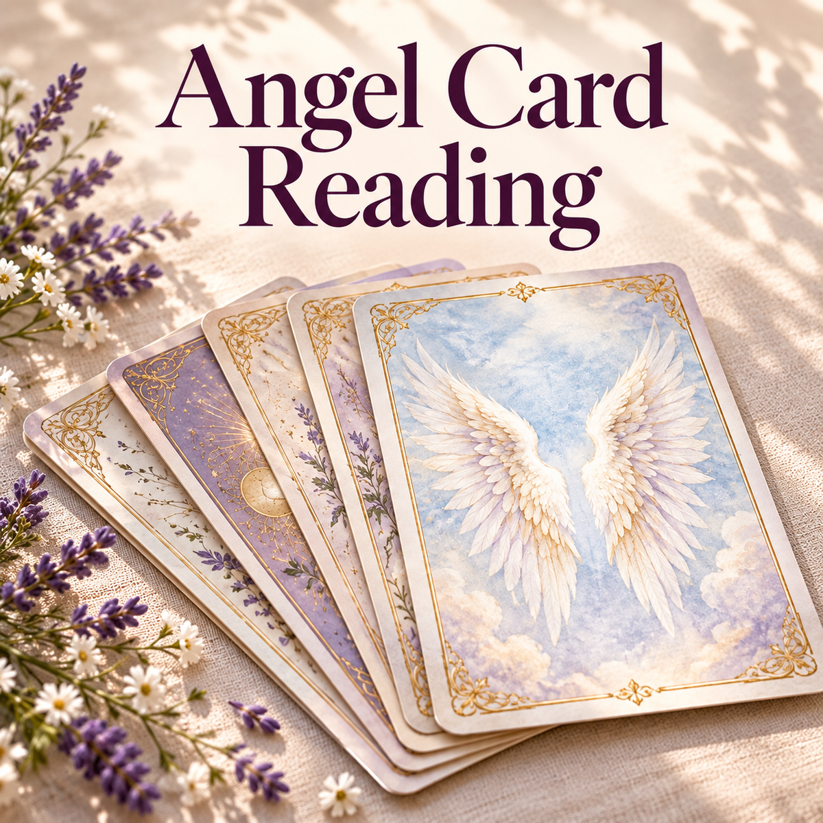 Angel Card Reading title above ivory and lavender angel-wing oracle cards