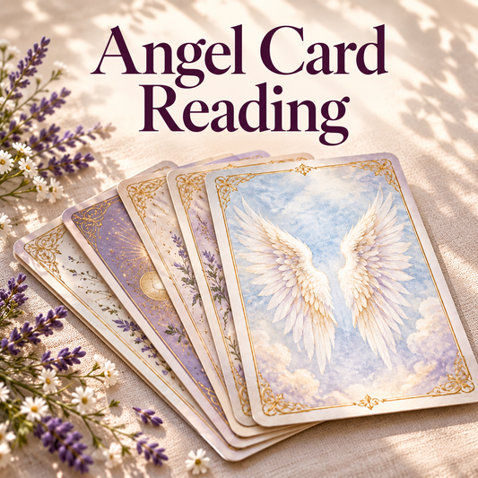 Angel Card Reading title above ivory and lavender angel-wing oracle cards