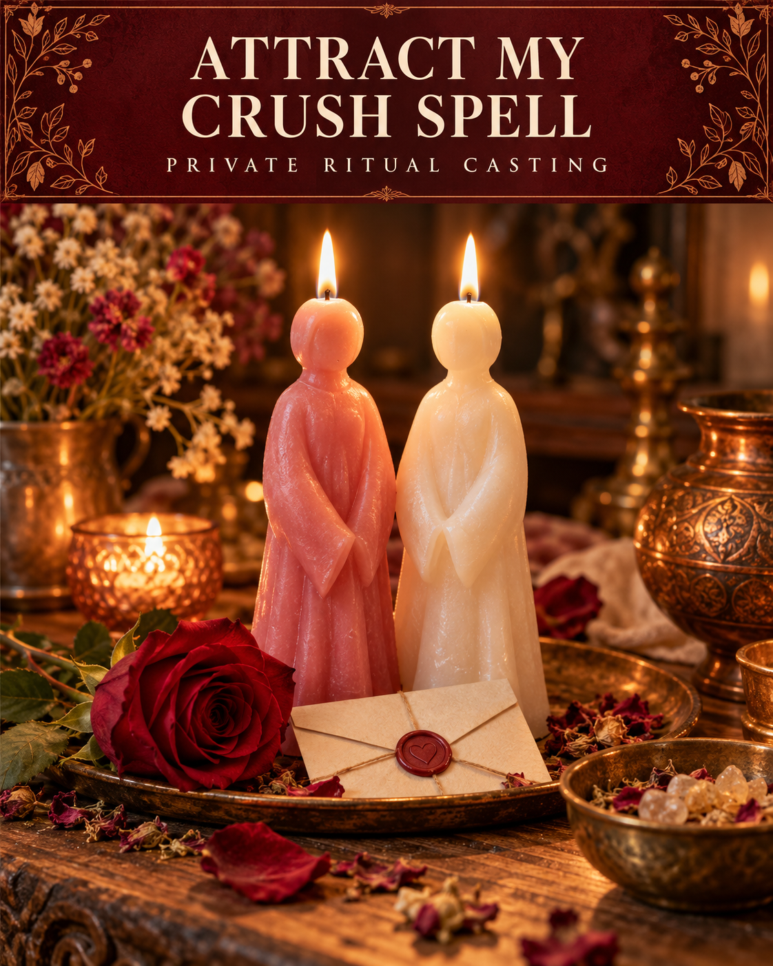 Attract My Crush Spell — private ritual casting, with stylized figure candles on a warm wooden altar.