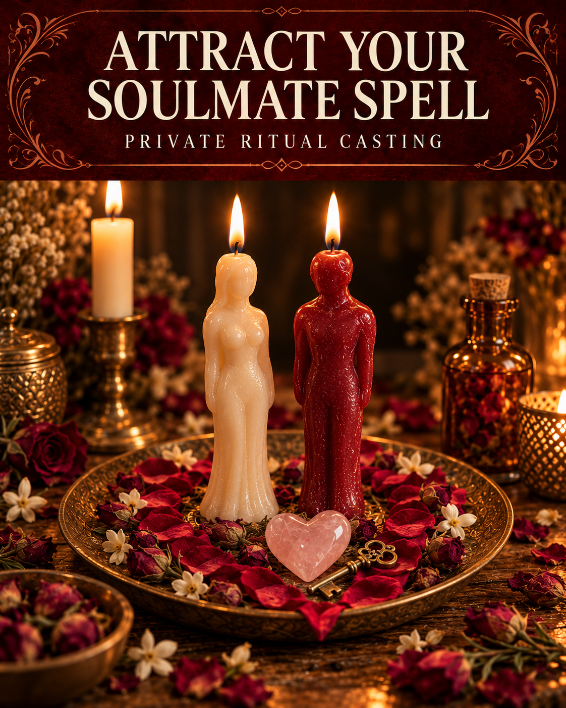 Attract Your Soulmate Spell promotional illustration with ivory and red figure candles, rose petals, jasmine flowers, a rose quartz heart and an antique key on a candlelit altar.
