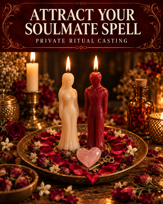 Attract Your Soulmate Spell promotional illustration with ivory and red figure candles, rose petals, jasmine flowers, a rose quartz heart and an antique key on a candlelit altar.