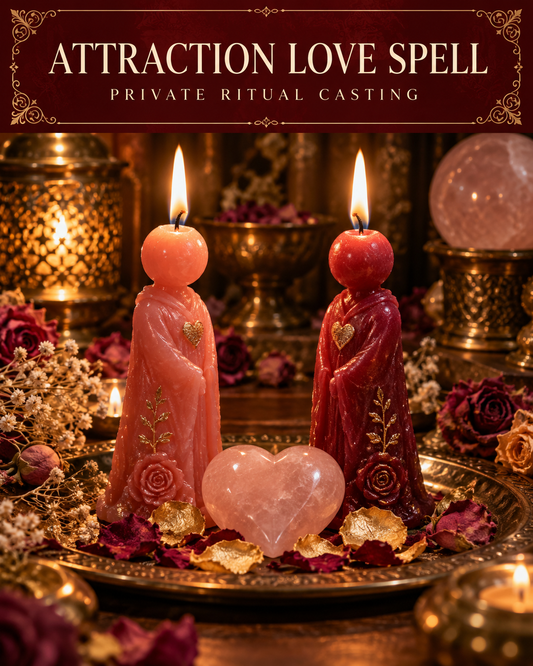 Attraction Love Spell private ritual casting artwork with stylized wax figure candles on a warm wooden altar