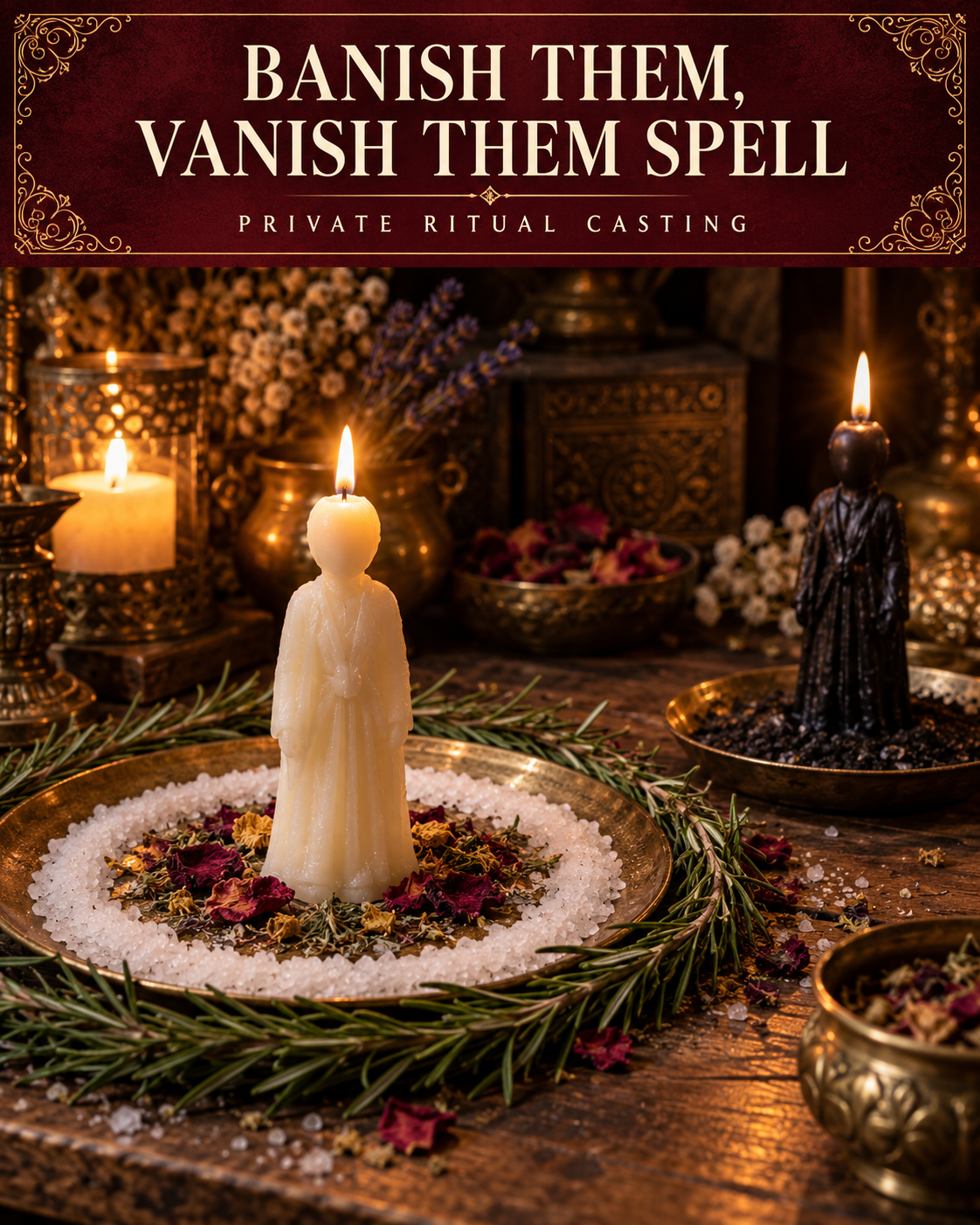 Banish Them, Vanish Them Spell private ritual casting artwork with stylized wax figure candles on a warm wooden altar