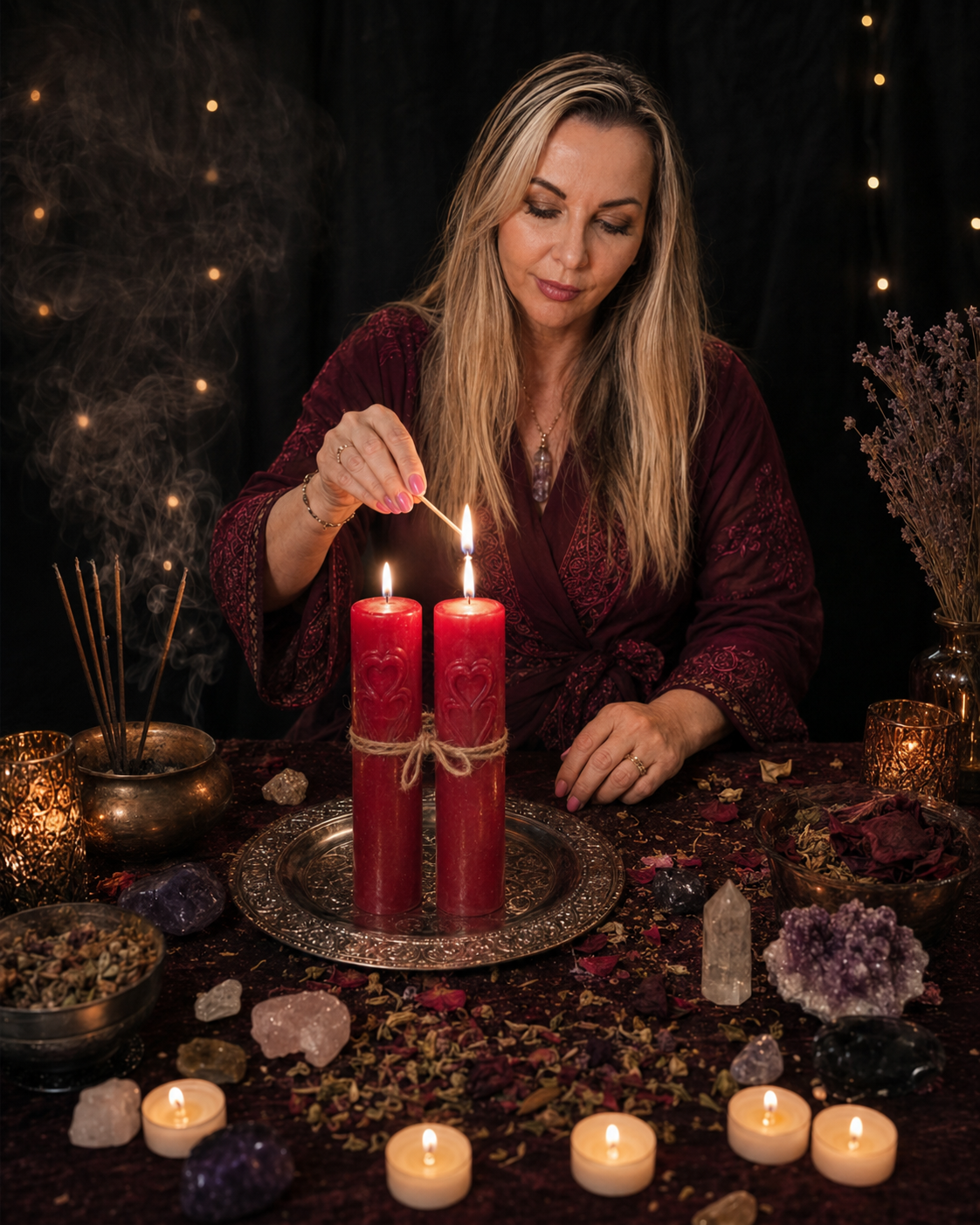 Belinda preparing a private Bring Back Lost Lover Spell ritual with paired red candles, herbs and crystals.