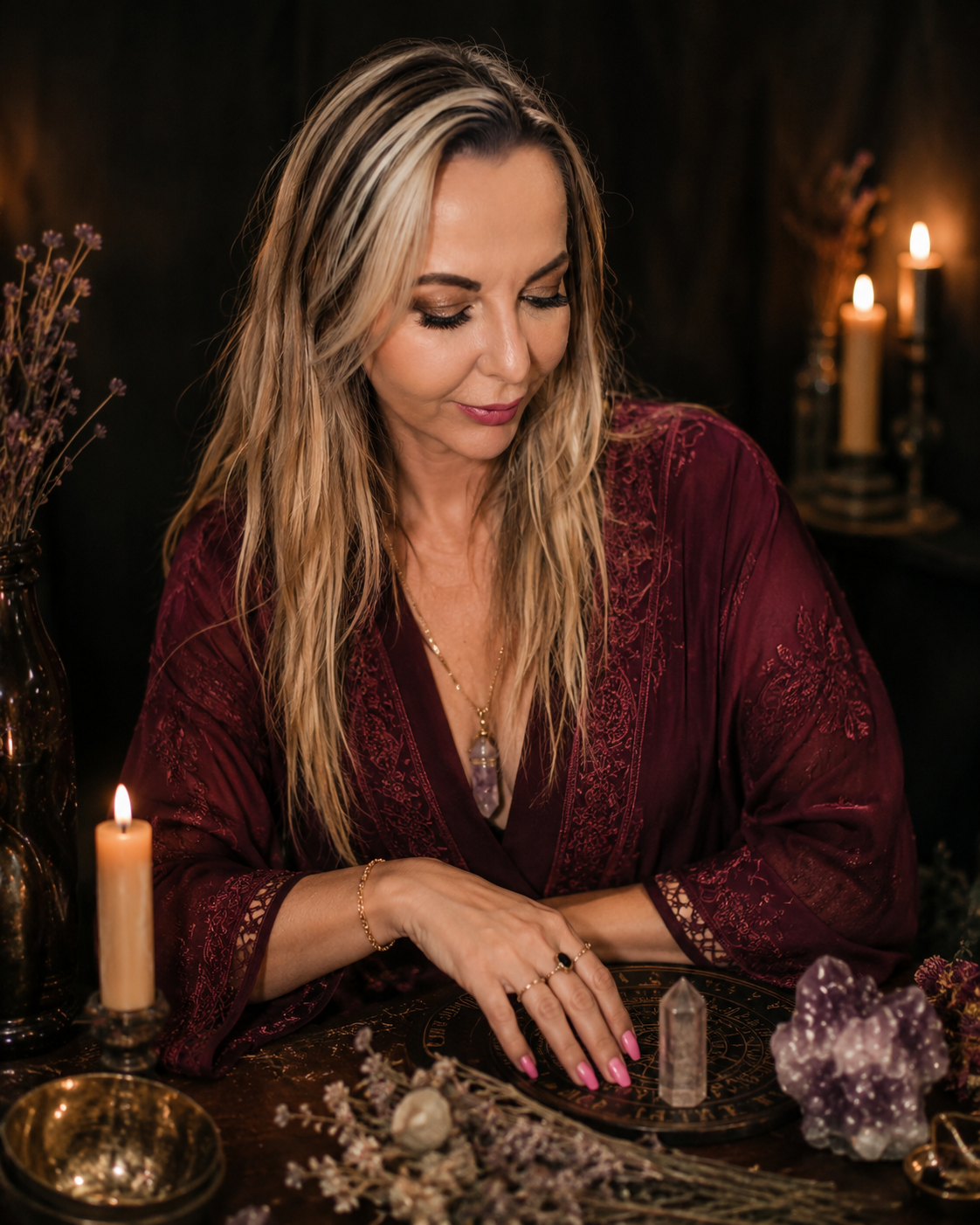 Belinda preparing a private Bring Back Lost Lover Spell ritual with candles, herbs and crystals.