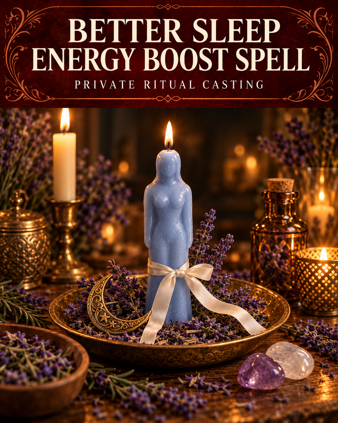 Better Sleep Energy Boost Spell private ritual casting artwork with symbolic wax figure candles on a warmly lit altar.