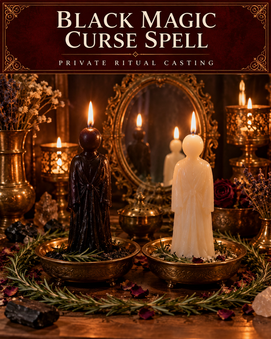 Black Magic Curse Spell private ritual casting artwork with stylized wax figure candles on a warm wooden altar