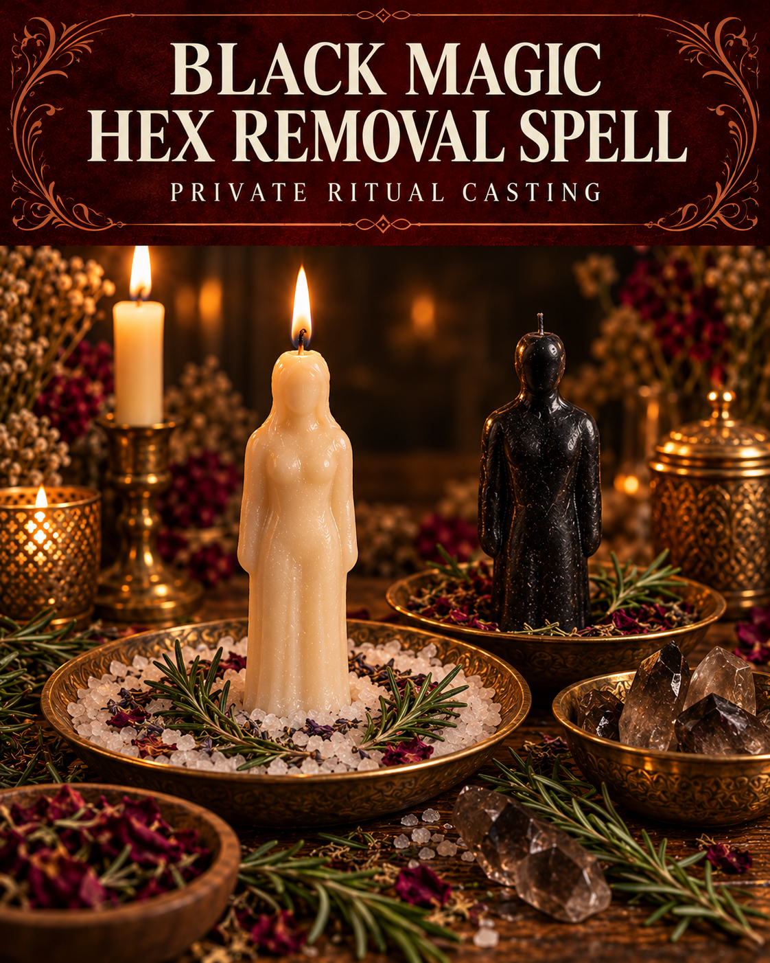 Black Magic Hex Removal Spell private ritual casting artwork with symbolic wax figure candles on a warmly lit altar.
