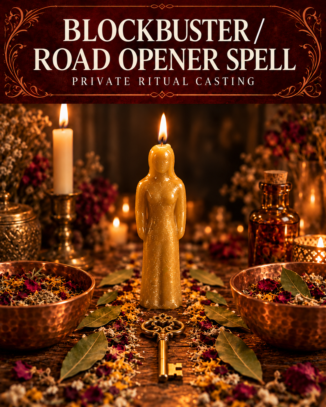 Blockbuster / Road Opener Spell private ritual casting artwork with stylized figure candles on a warm wooden altar and a burgundy title banner.