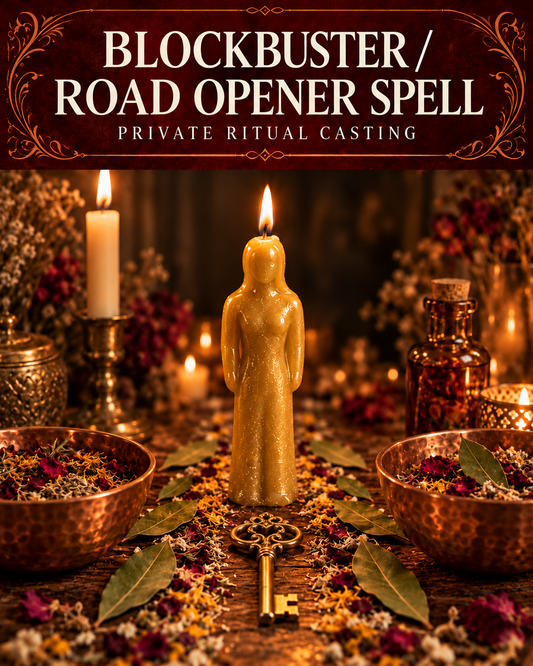 Blockbuster / Road Opener Spell private ritual casting artwork with stylized figure candles on a warm wooden altar and a burgundy title banner.