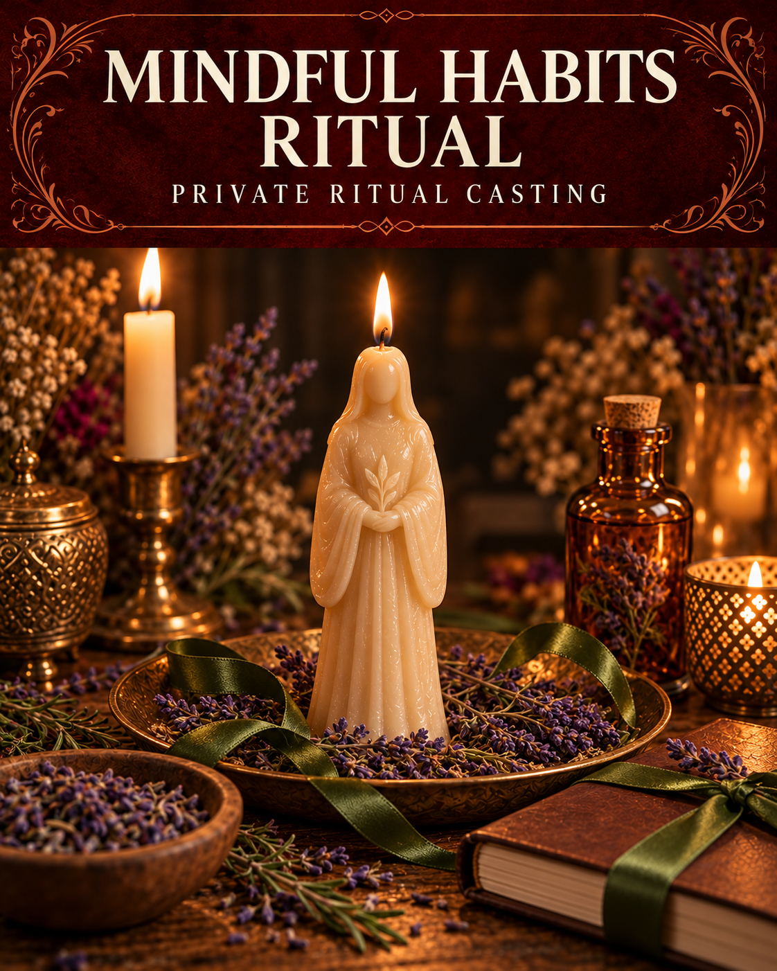 Mindful Habits Ritual private ritual casting artwork with stylized figure candles on a warm wooden altar and a burgundy title banner.
