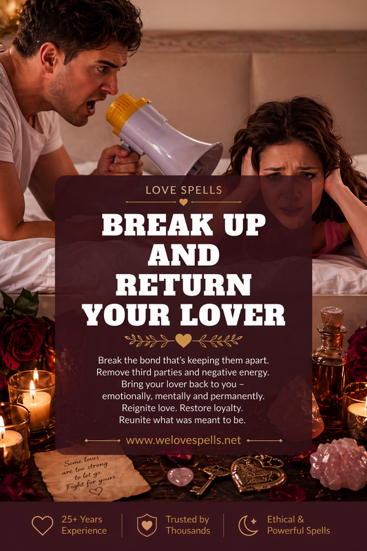 Emotional couple in conflict with candlelit altar, roses and crystals symbolizing a break up and return your lover spell to remove third parties and restore love by Belinda