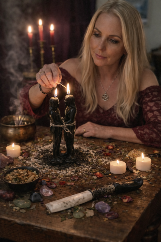 photo of a breakup spell ritual with a blonde woman lighting two black figure candles tied together on a wooden altar with herbs, crystals, and tea lights