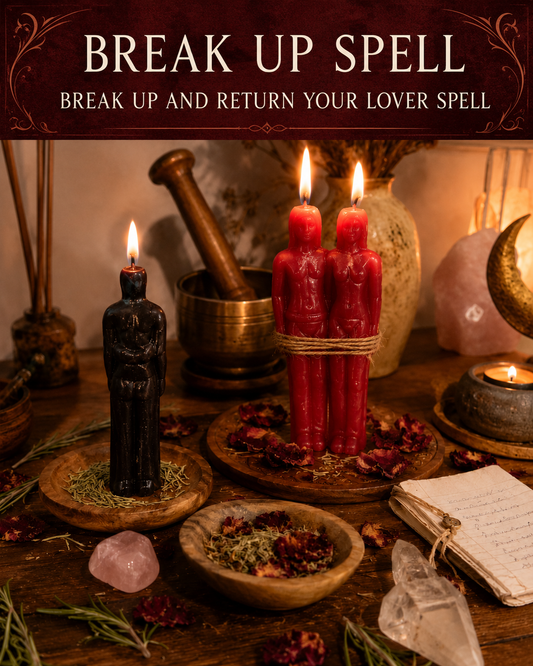 Break Up Spell and Return Your Lover Spell main image with red couple candles, black separation candle, herbs, rose petals, crystals, and ritual altar cast by Spell Caster Belinda