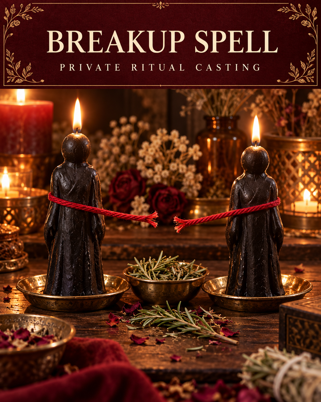 Breakup Spell — private ritual casting, with stylized figure candles on a warm wooden altar.