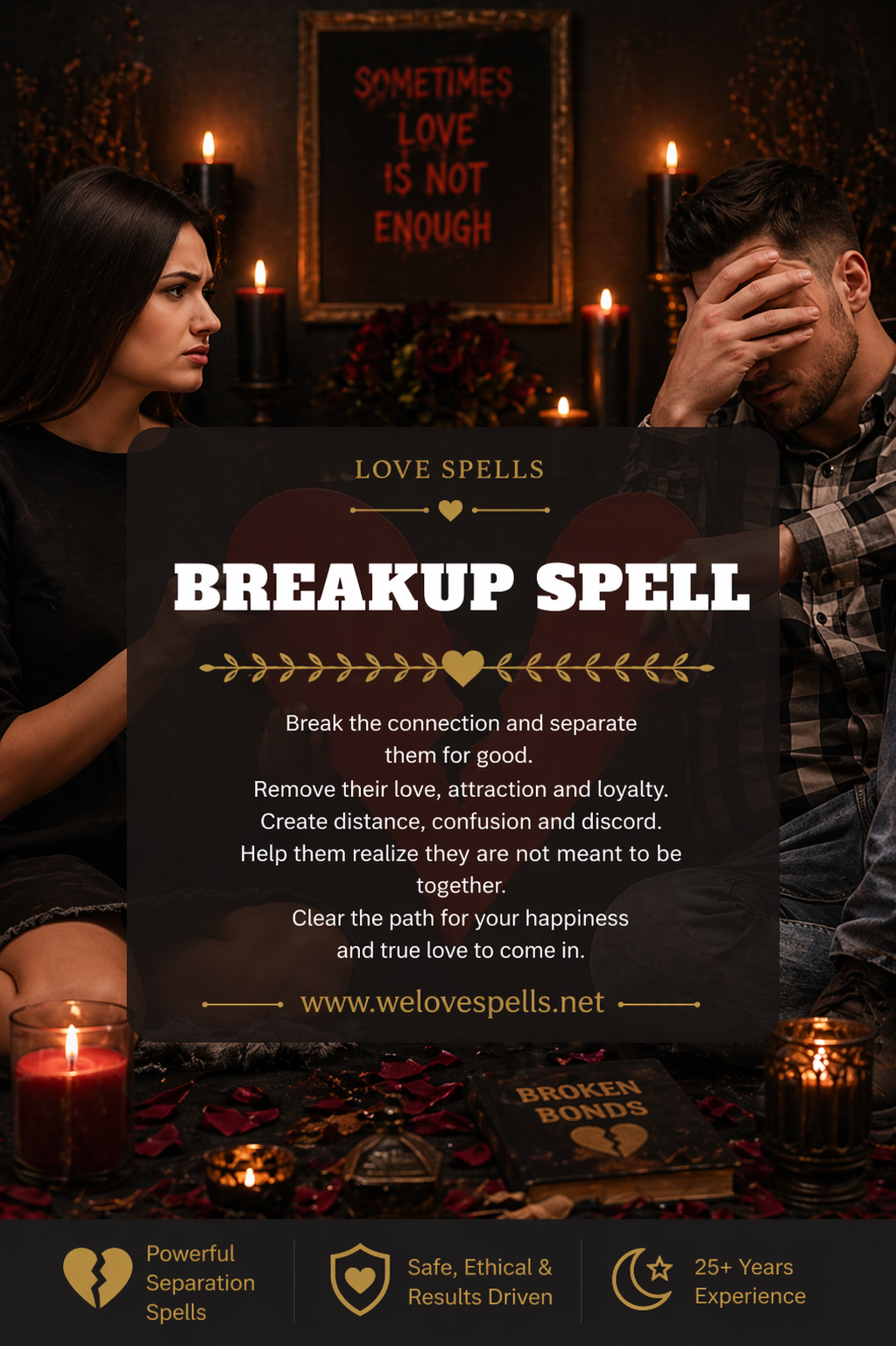 Couple sitting apart in dark candlelit setting with broken heart symbolism representing a breakup spell to separate two people and remove emotional connection by Belinda