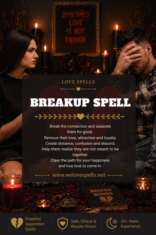 Couple sitting apart in dark candlelit setting with broken heart symbolism representing a breakup spell to separate two people and remove emotional connection by Belinda