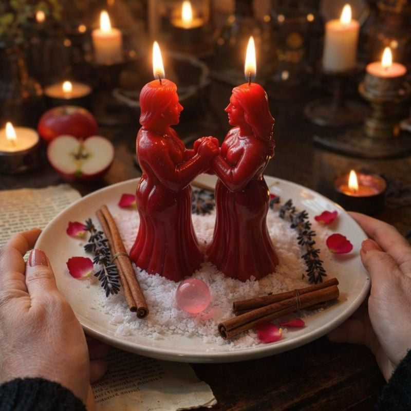 a real spell casting altar with two red figure candles facing each other on a salt-filled plate, surrounded by rose petals, lavender, cinnamon sticks, and a rose quartz crystal, held by female hands.