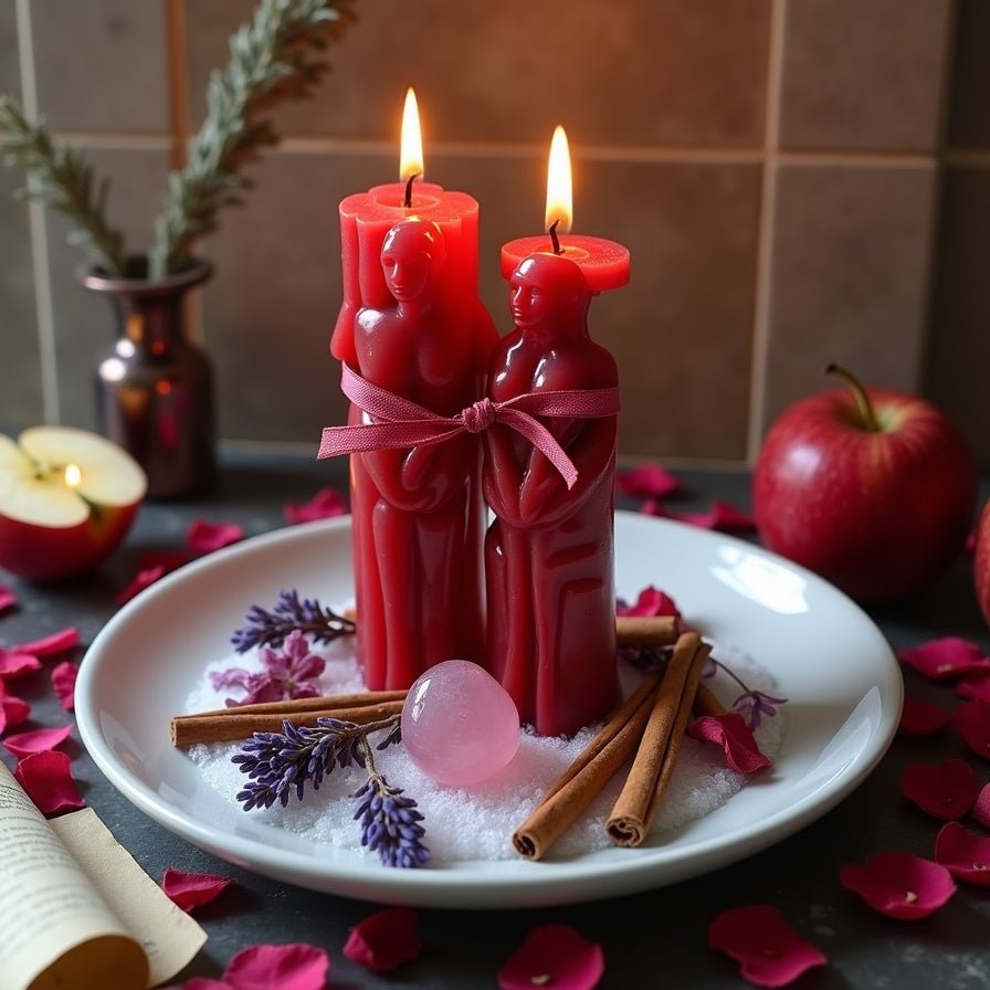 Bring Back Lost Lover Spell ritual setup with red couple candles tied together, rose petals, cinnamon sticks, and a rose quartz stone on a plate