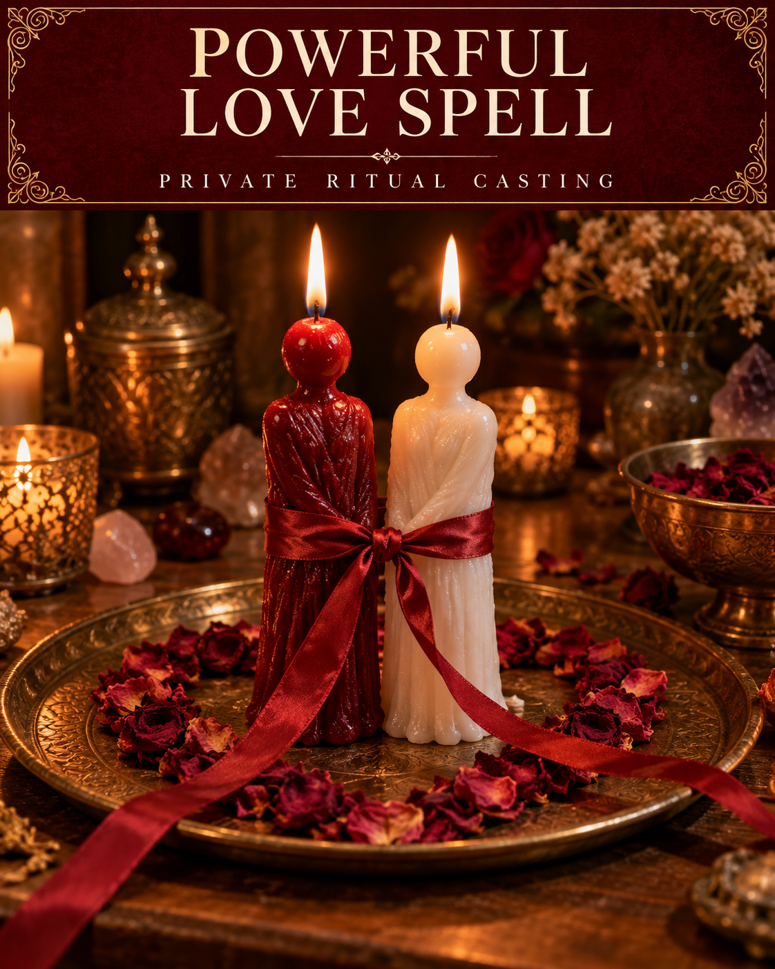 Powerful Love Spell private ritual casting artwork with stylized wax figure candles on a warm wooden altar
