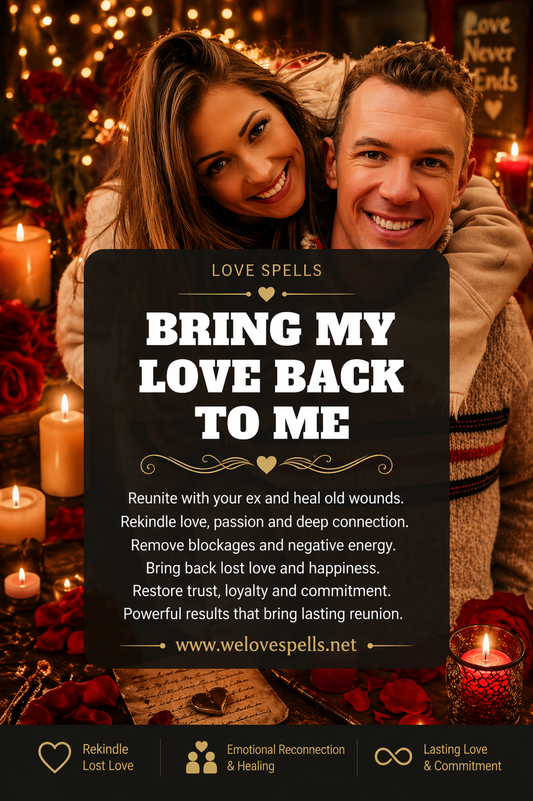Romantic couple smiling and embracing in a warm candlelit altar setting with roses and glowing lights, representing a bring my love back spell for rekindling lost love, emotional healing and relationship reunion by Belinda