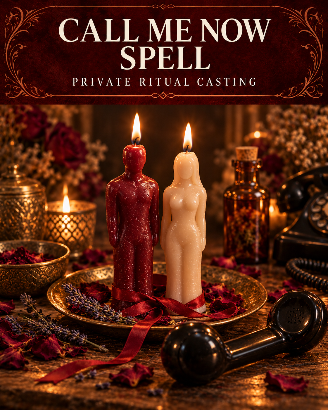 Call Me Now Spell promotional illustration with red and ivory figure candles, rose petals, lavender and a vintage telephone on a candlelit altar.
