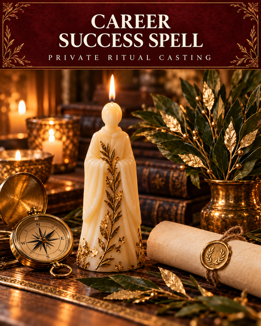 Career Success Spell — private ritual casting, with stylized figure candles on a warm wooden altar.