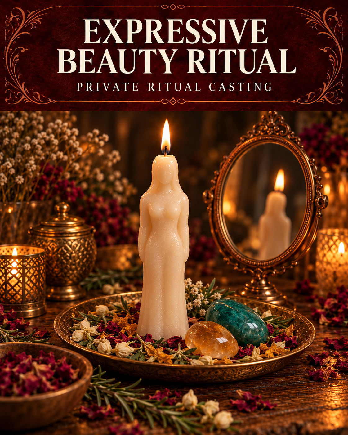 Expressive Beauty Ritual private ritual casting artwork with symbolic wax figure candles on a warmly lit altar.