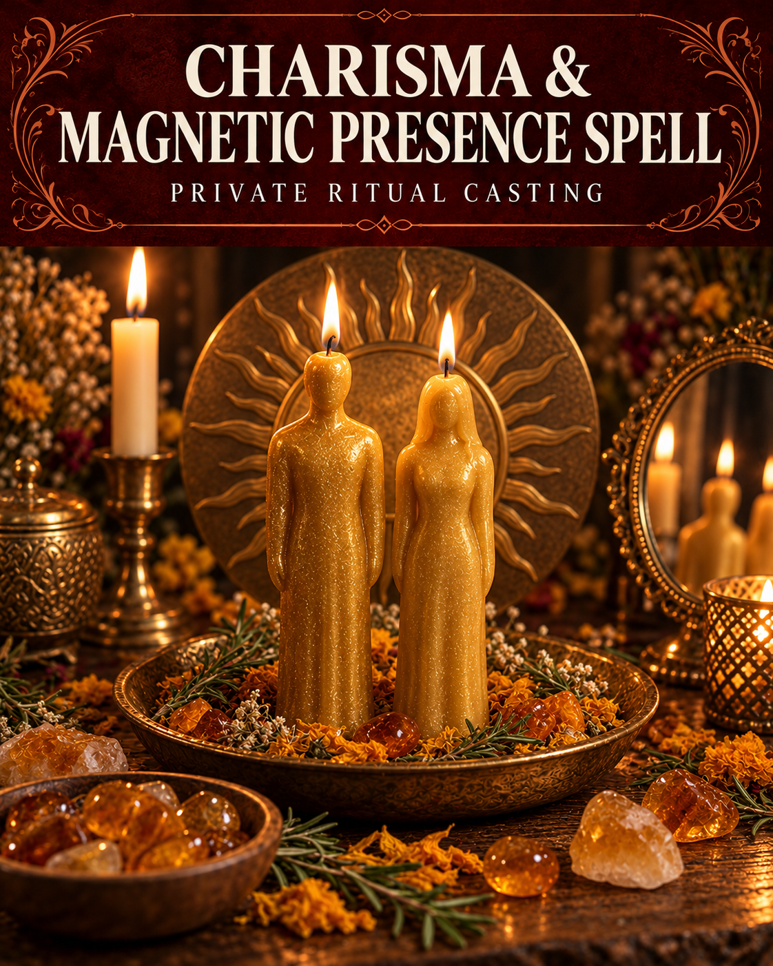 Charisma & Magnetic Presence Spell private ritual casting artwork with symbolic wax figure candles on a warmly lit altar.