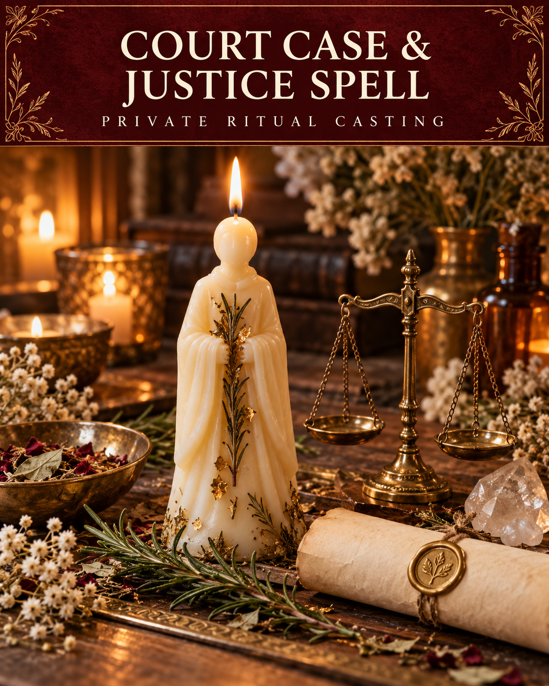 Court Case & Justice Spell — private ritual casting, with stylized figure candles on a warm wooden altar.