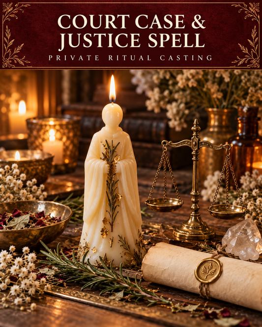 Court Case & Justice Spell — private ritual casting, with stylized figure candles on a warm wooden altar.