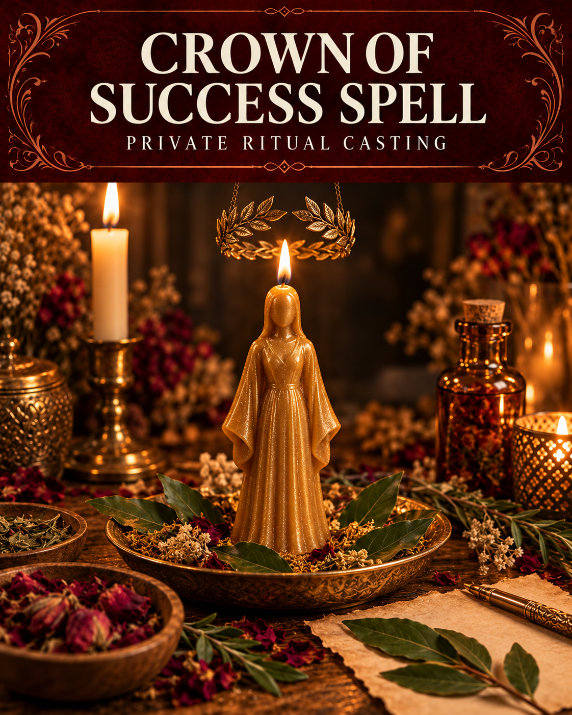 Crown of Success Spell private ritual casting artwork with stylized figure candles on a warm wooden altar and a burgundy title banner.