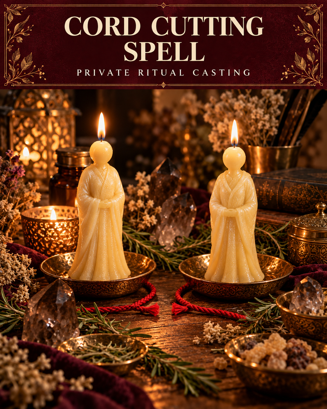 Cord Cutting Spell — private ritual casting, with stylized figure candles on a warm wooden altar.