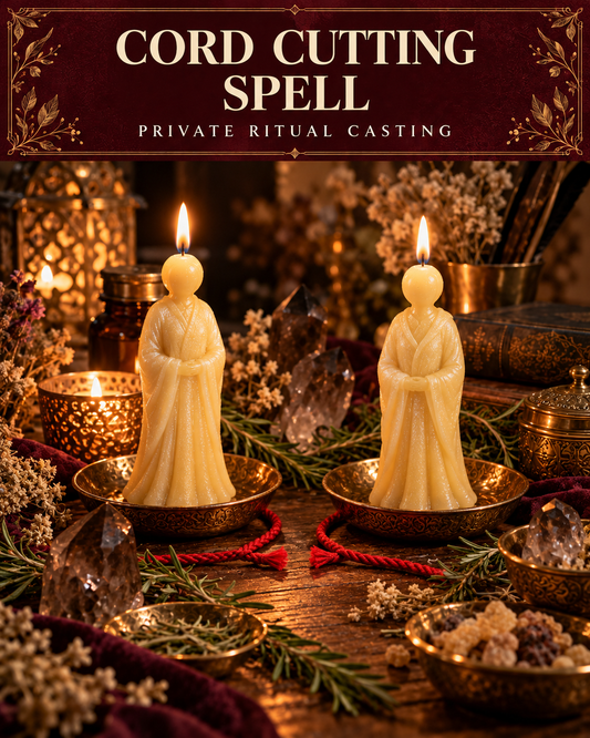 Cord Cutting Spell — private ritual casting, with stylized figure candles on a warm wooden altar.